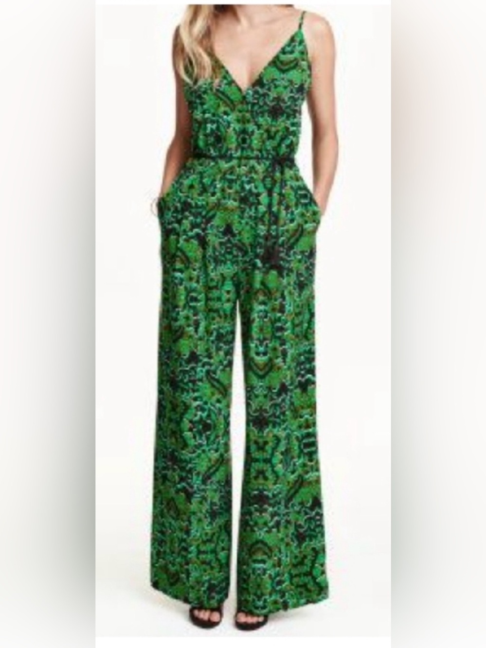 H&M Conscious Green Black Green Printed Wide-Leg Jumpsuit with Spaghetti Straps